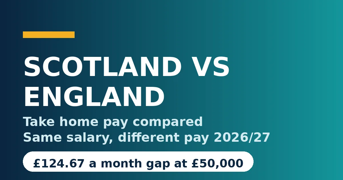 Scotland vs England take home pay compared: on £50,000 a year Scotland pays £3,168.63 a month and England pays £3,293.30 a month